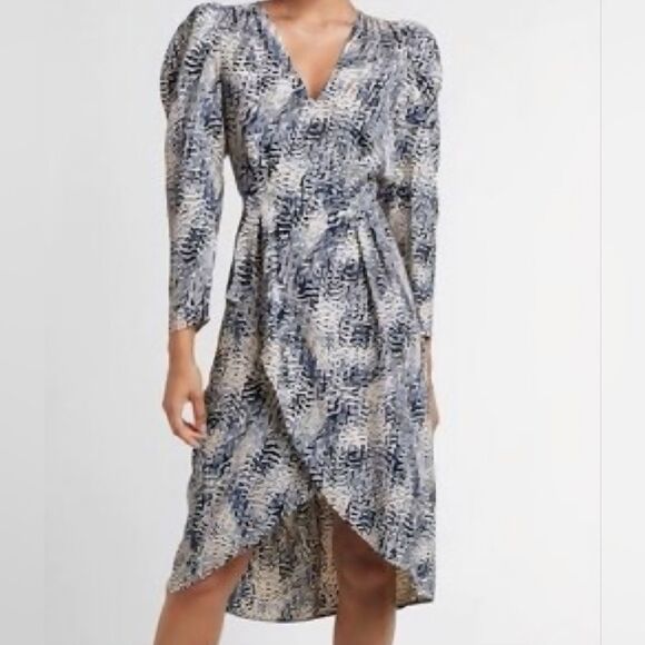 Express Faux Wraping Dress Puffer Sleeves Size Medium In Blue And Cream - Picture 1 of 13